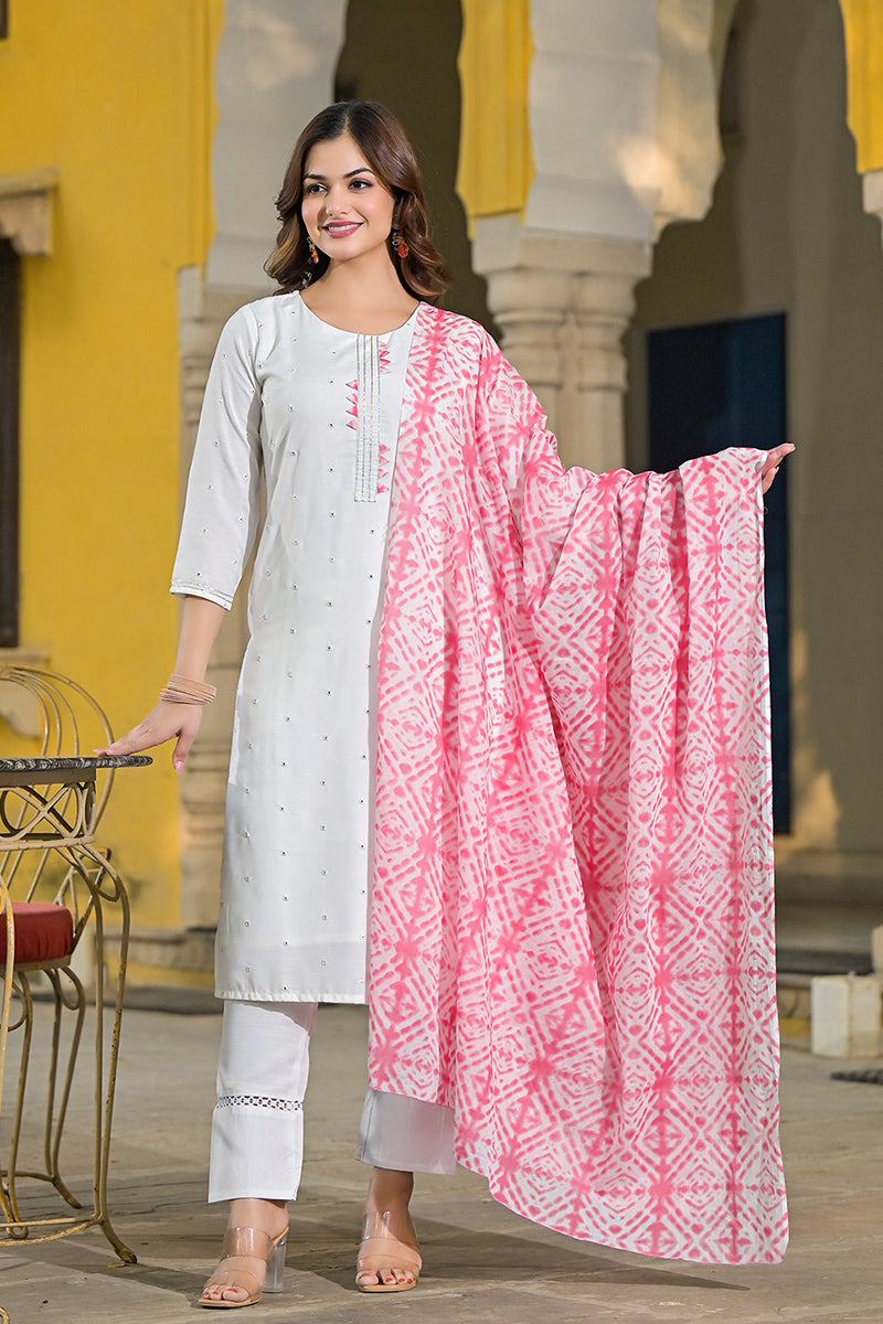 Pink Rayon Blend Solid Embroidered Straight Suit Set VKSKD2215PNK