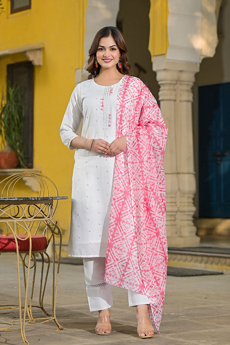 Pink Rayon Blend Solid Embroidered Straight Suit Set VKSKD2215PNK