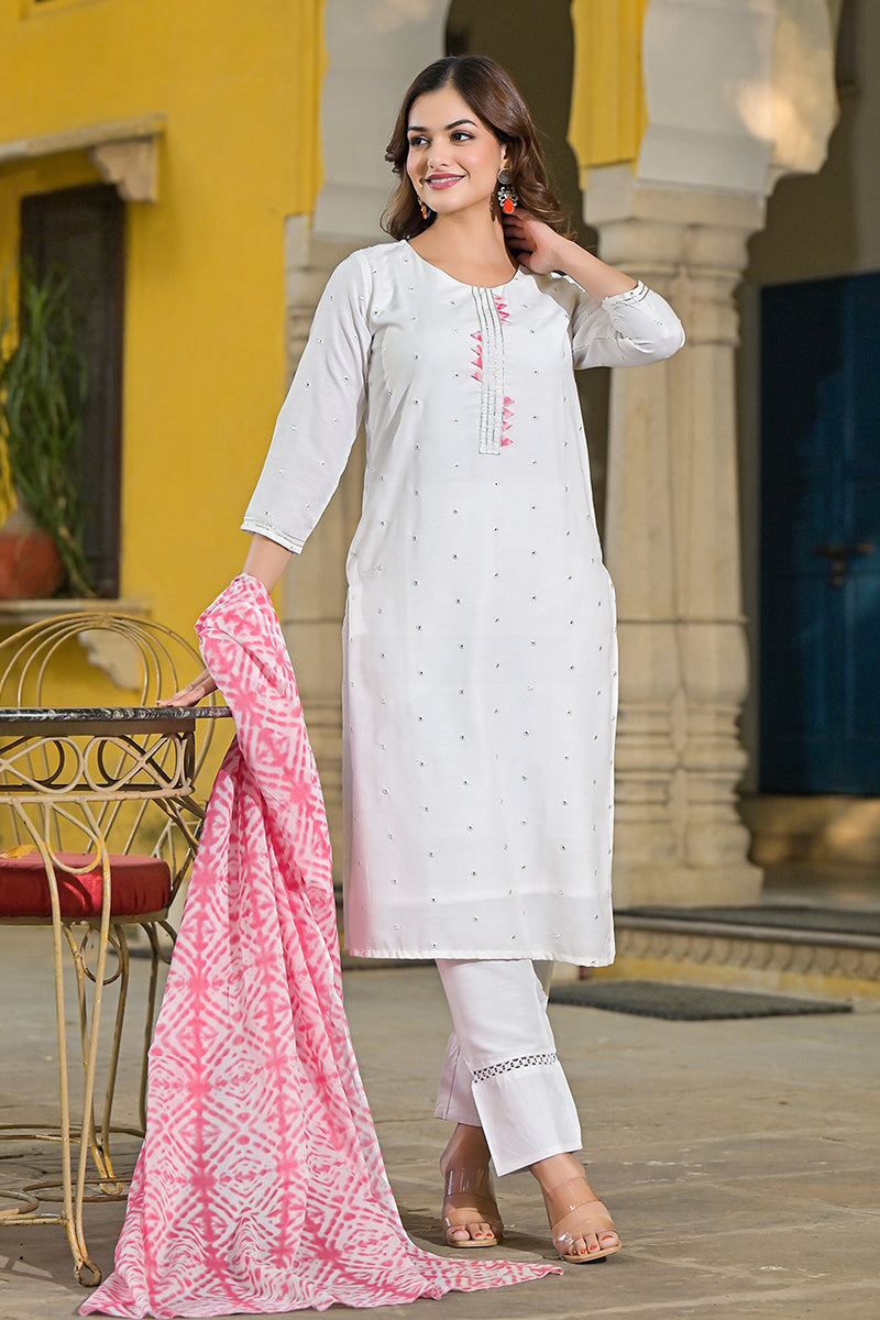 Pink Rayon Blend Solid Embroidered Straight Suit Set VKSKD2215PNK