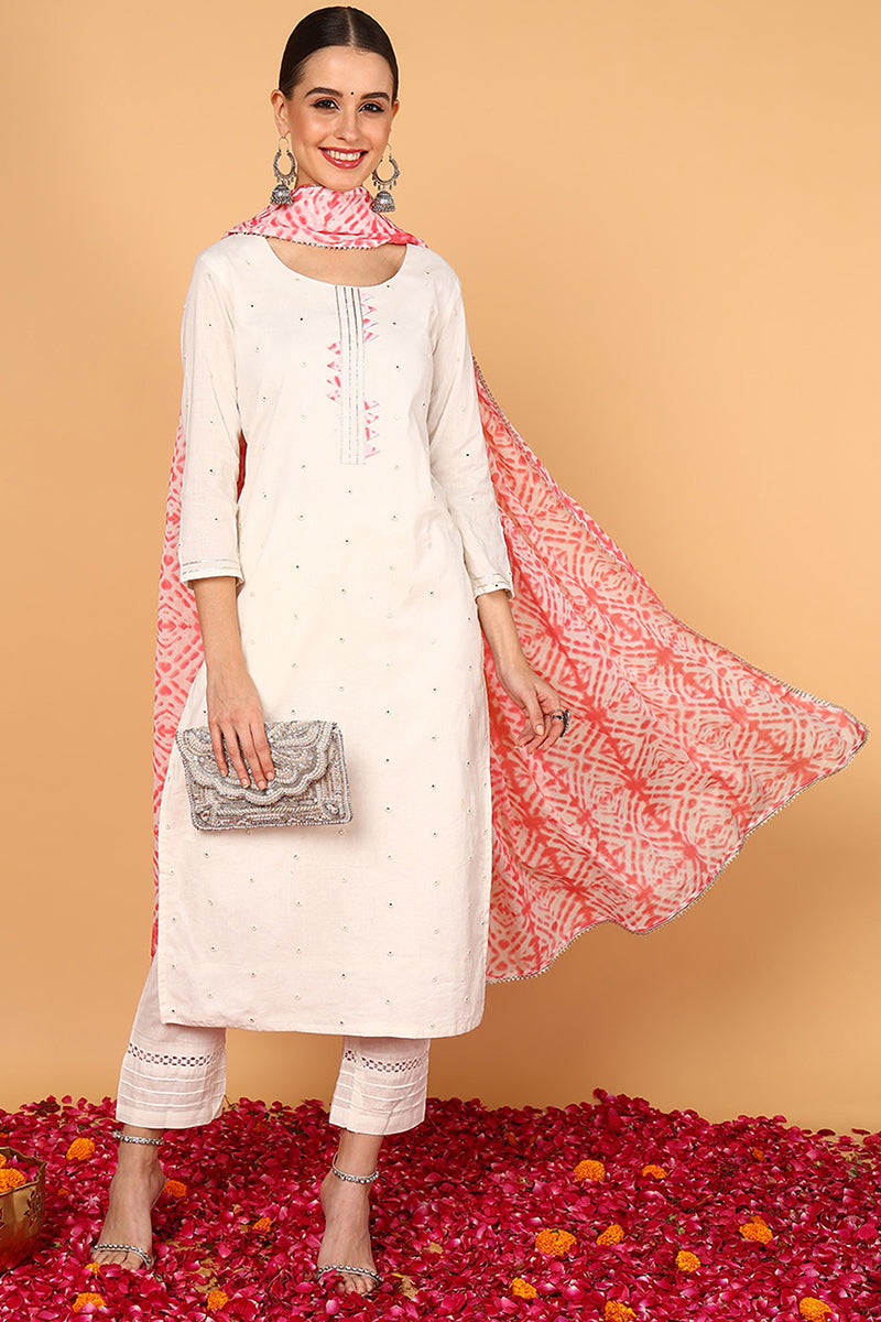 White Rayon Blend Solid Embroidered Straight Suit Set VKSKD2215PNK