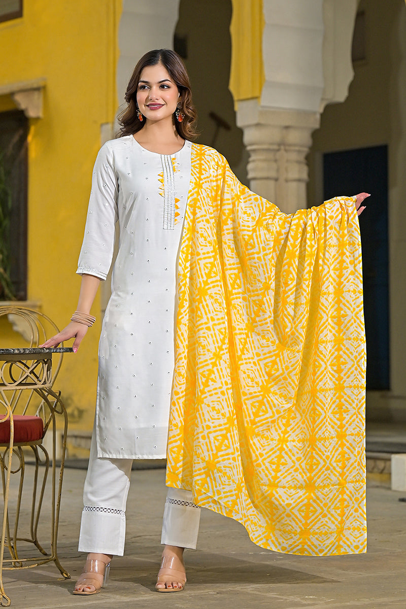 Yellow Rayon Blend Solid Embroidered Straight Suit Set VKSKD2215YLW