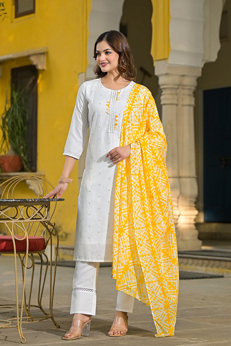 Yellow Rayon Blend Solid Embroidered Straight Suit Set VKSKD2215YLW