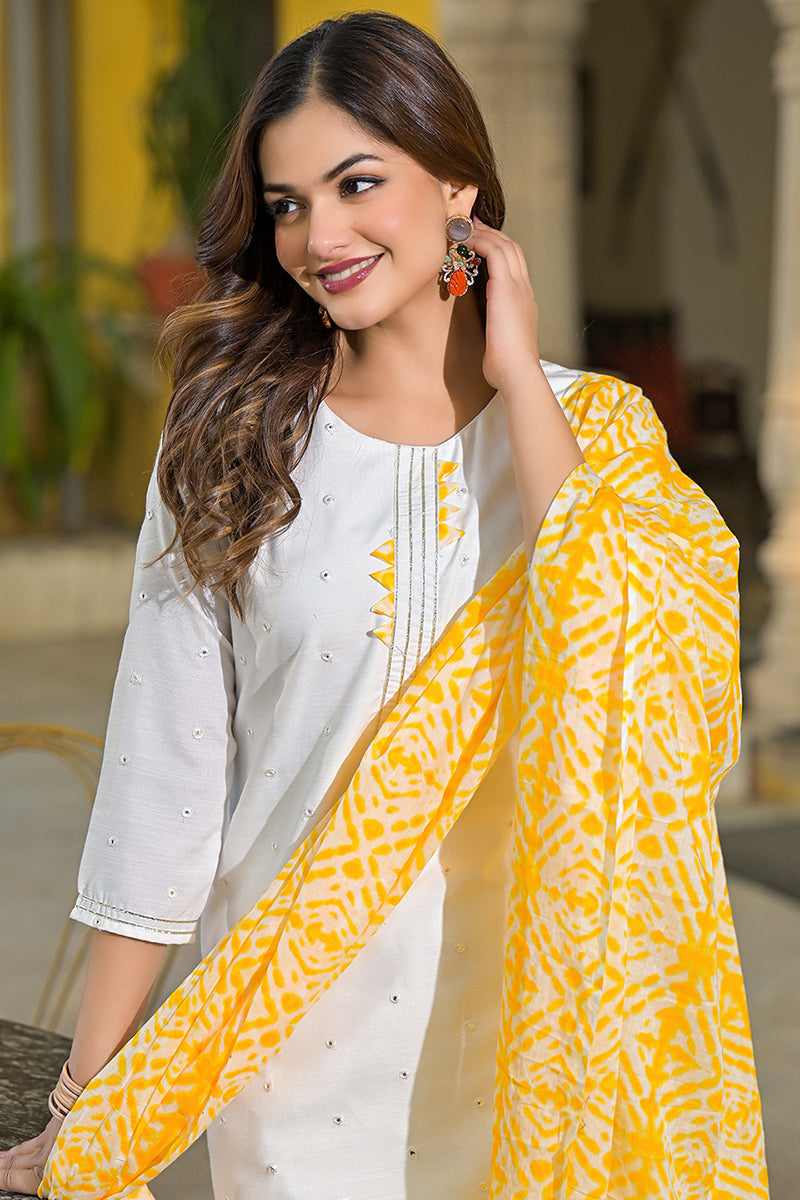 Yellow Rayon Blend Solid Embroidered Straight Suit Set VKSKD2215YLW