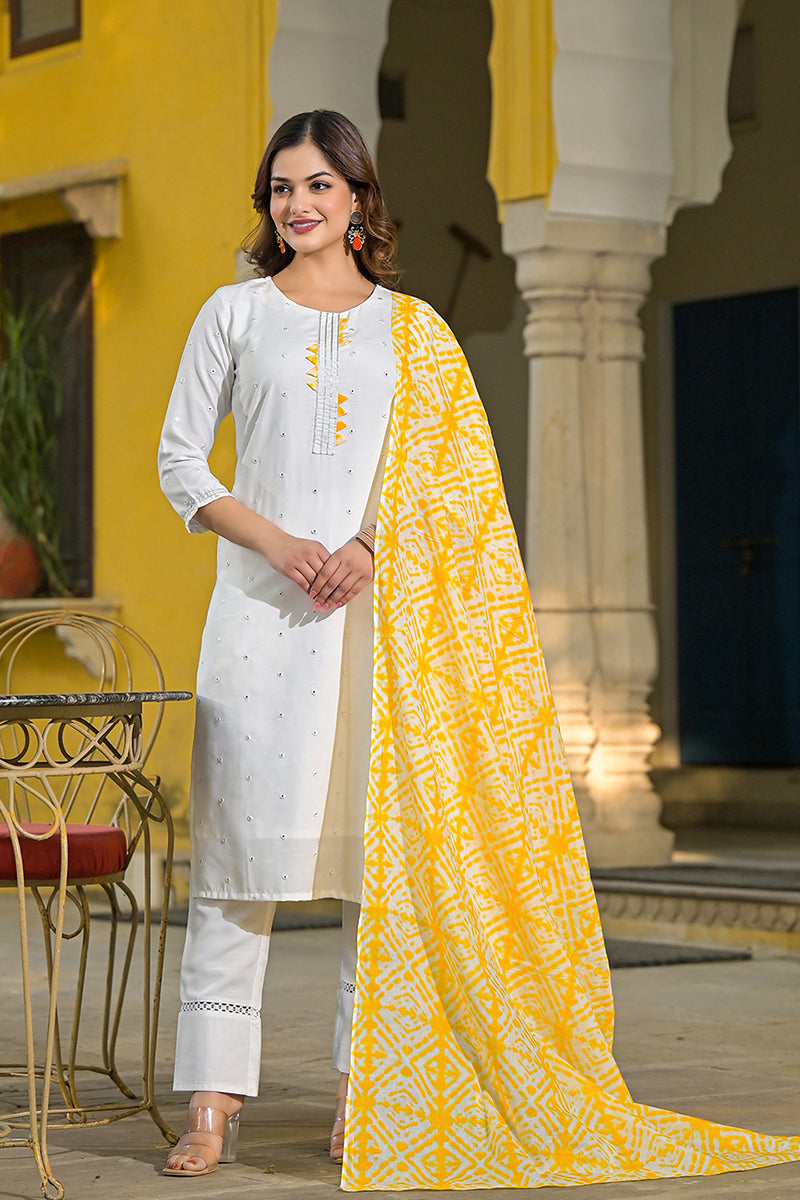 Yellow Rayon Blend Solid Embroidered Straight Suit Set VKSKD2215YLW