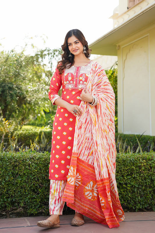 Orange Rayon Blend Bandhani Embroidered Straight Trouser Bottom Suit Set VKSKD2230