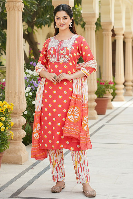 Orange Rayon Blend Bandhani Embroidered Straight Trouser Bottom Suit Set VKSKD2230