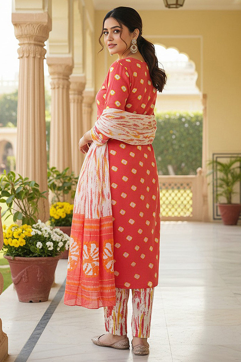 Orange Rayon Blend Bandhani Embroidered Straight Trouser Bottom Suit Set VKSKD2230