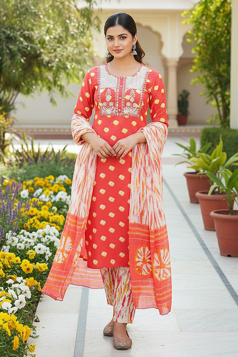 Orange Rayon Blend Bandhani Embroidered Straight Trouser Bottom Suit Set VKSKD2230