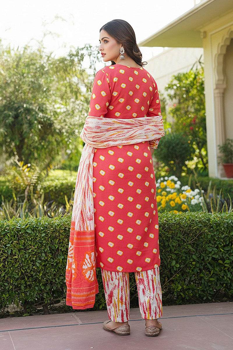 Orange Rayon Blend Bandhani Embroidered Straight Trouser Bottom Suit Set VKSKD2230