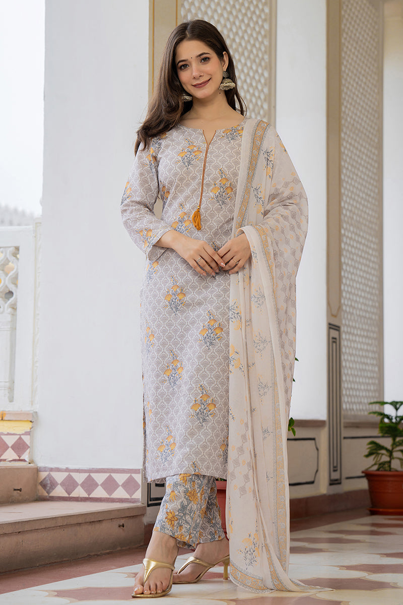 Off White Rayon Blend Ethnic Motifs Printed Straight Trouser Bottom Suit Set VKSKD2231