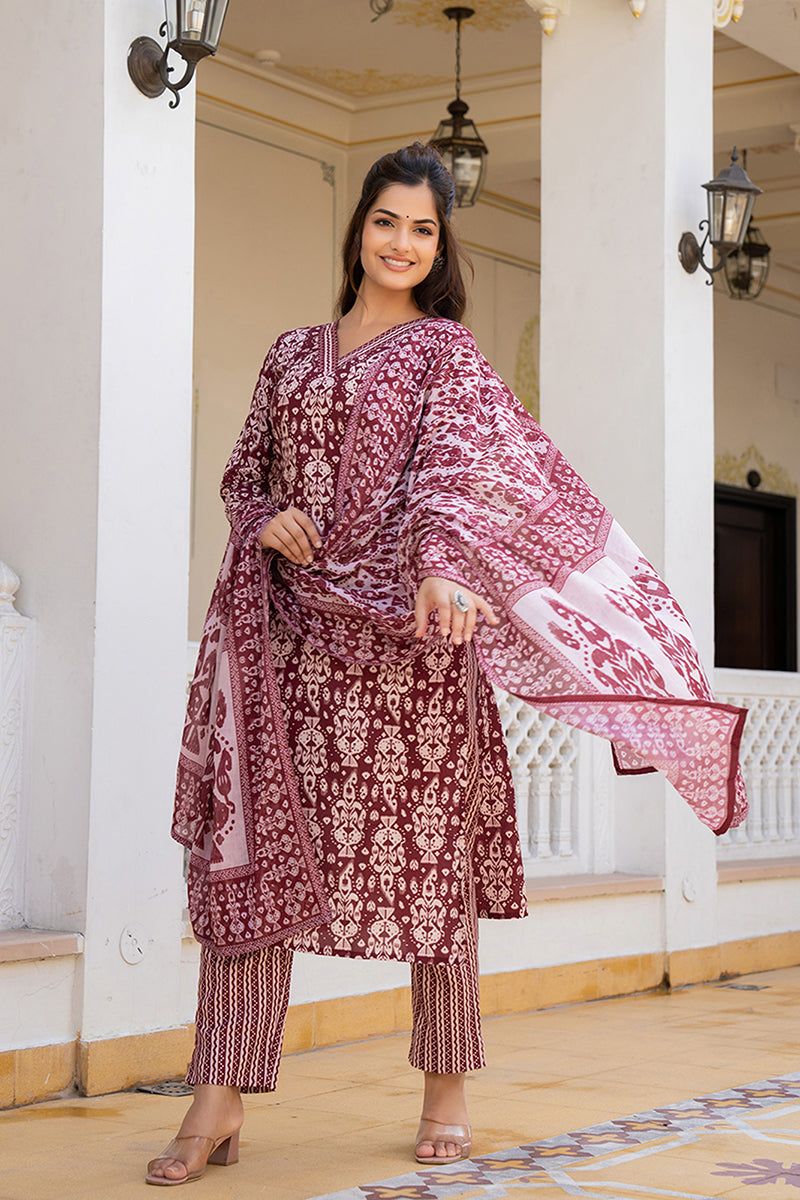 Maroon Rayon Blend Ethnic Motifs Printed Straight Trouser Bottom Suit Set VKSKD2241