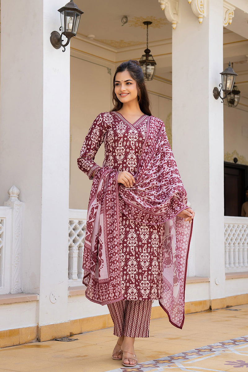 Maroon Rayon Blend Ethnic Motifs Printed Straight Trouser Bottom Suit Set VKSKD2241