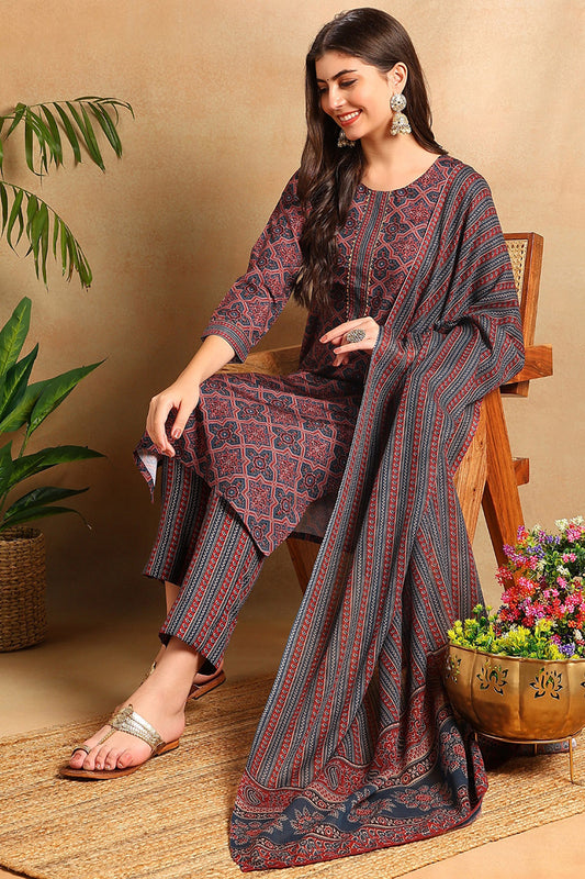 Blue Rayon Blend Ethnic Motifs Printed Straight Trouser Suit Set VKSKD2247