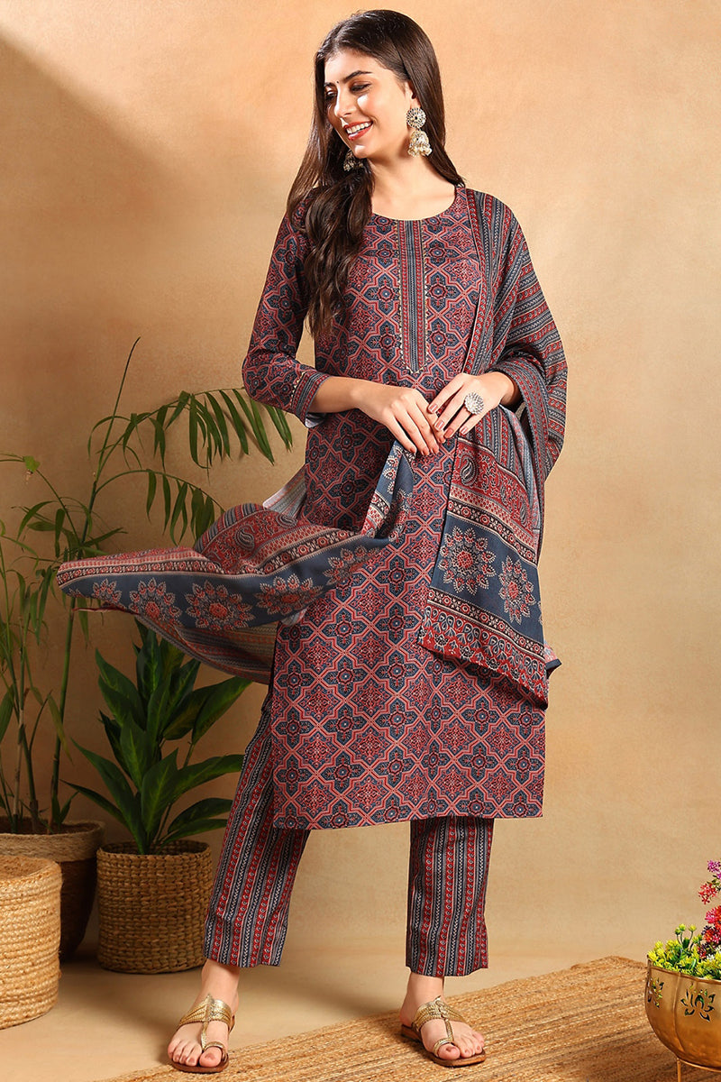 Blue Rayon Blend Ethnic Motifs Printed Straight Trouser Suit Set VKSKD2247