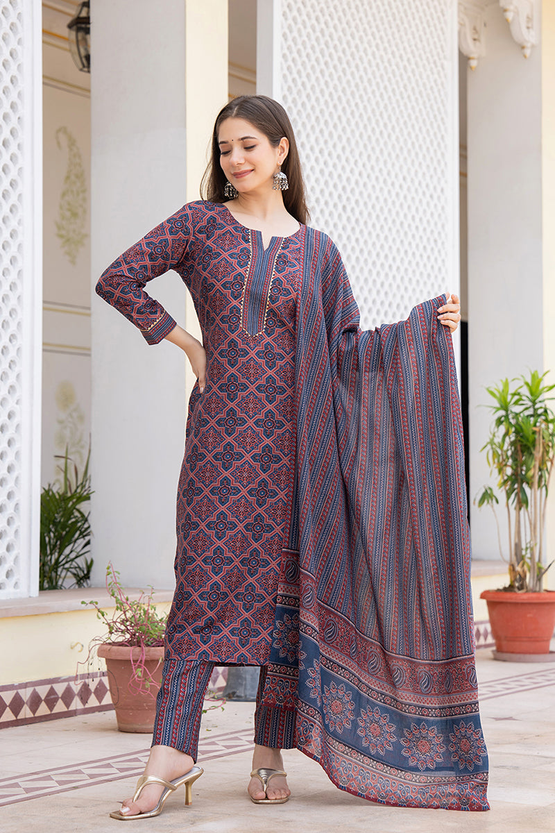 Blue Rayon Blend Ethnic Motifs Printed Straight Trouser Suit Set VKSKD2247