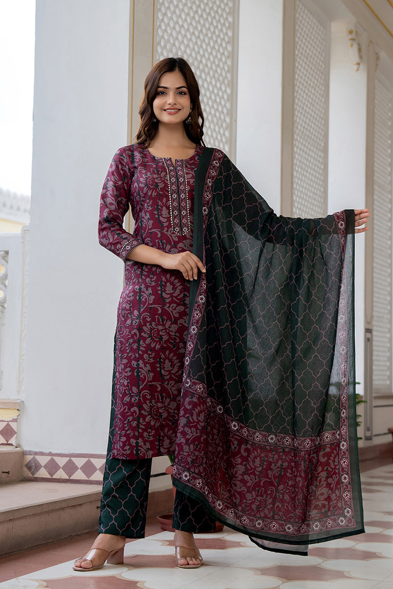 Magenta Rayon Blend Ethnic Motifs Printed Straight Trouser Bottom Suit Set VKSKD2248