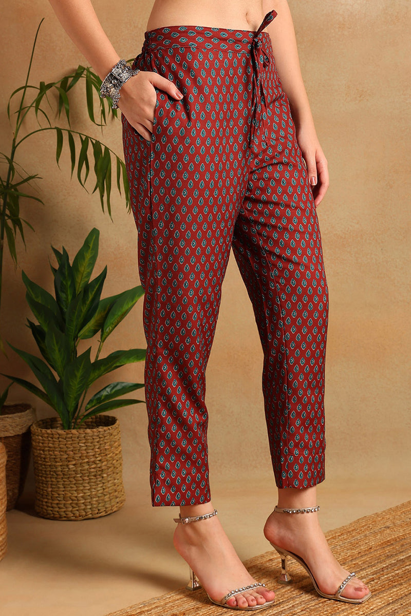 Brown Rayon Blend Floral Printed Straight Trouser Suit Set VKSKD2249