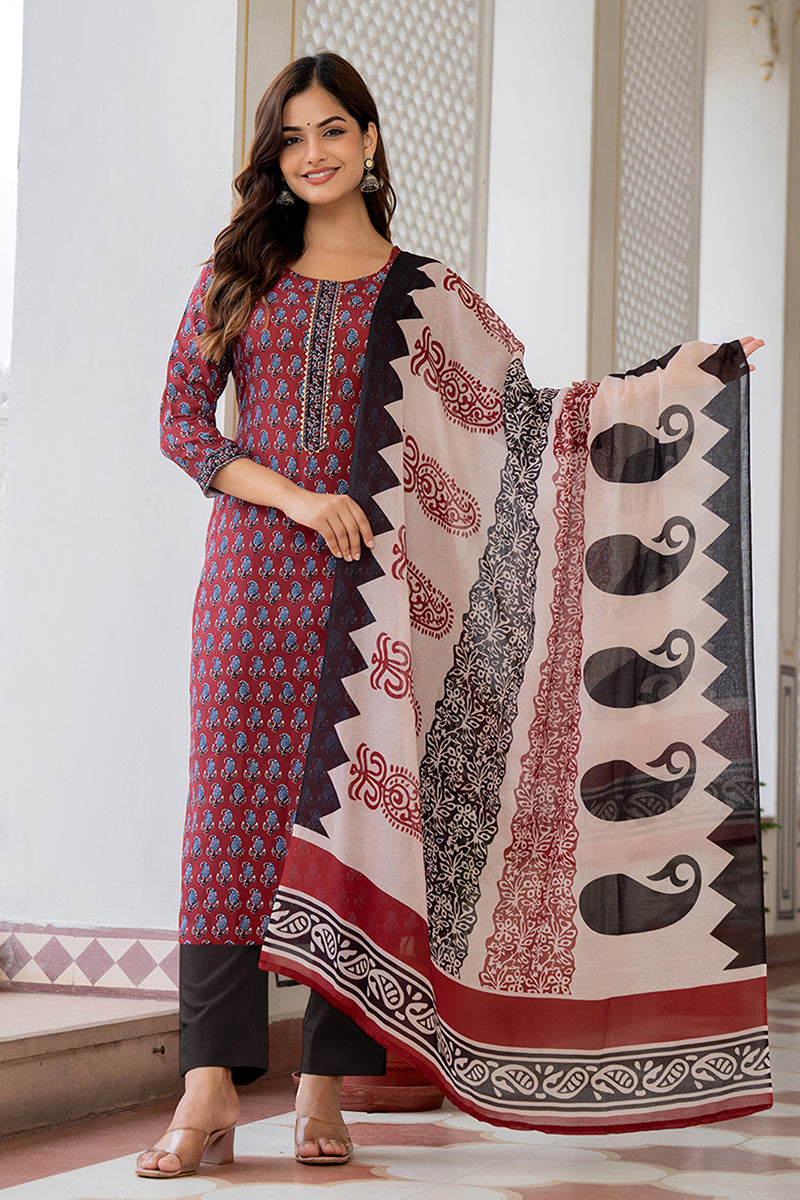 Maroon Rayon Blend Ethnic Motifs Printed Straight Trouser Suit Set VKSKD2253