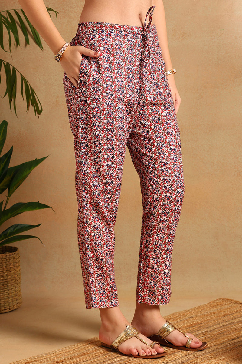 Navy Blue Rayon Blend Floral Printed Straight Trouser Suit Set VKSKD2255