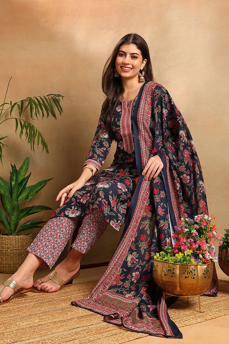 Navy Blue Rayon Blend Floral Printed Straight Trouser Suit Set VKSKD2255