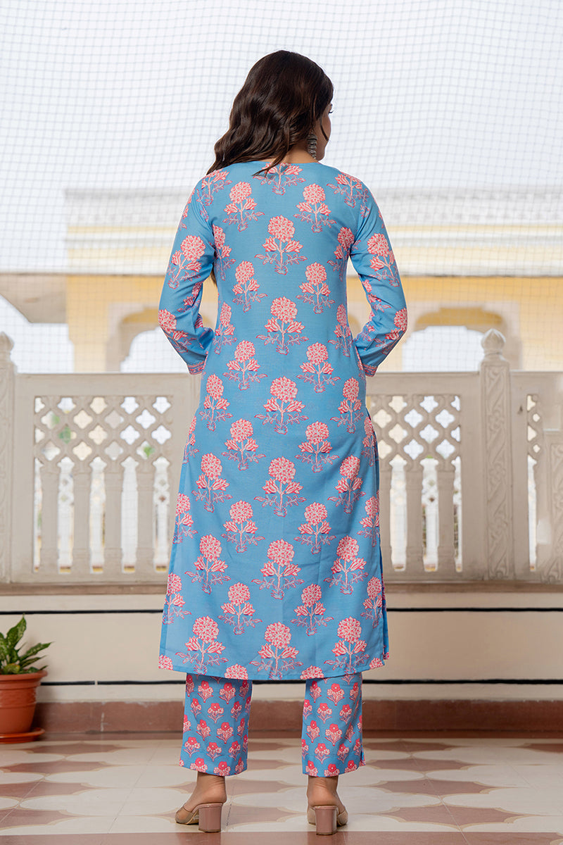 Blue Rayon Blend Floral Printed Straight Trouser Suit Set VKSKD2261