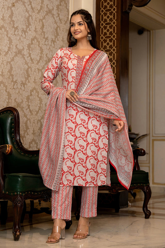 Red Rayon Blend Paisley Printed Straight Suit Set With Trouser Bottom VKSKD2263