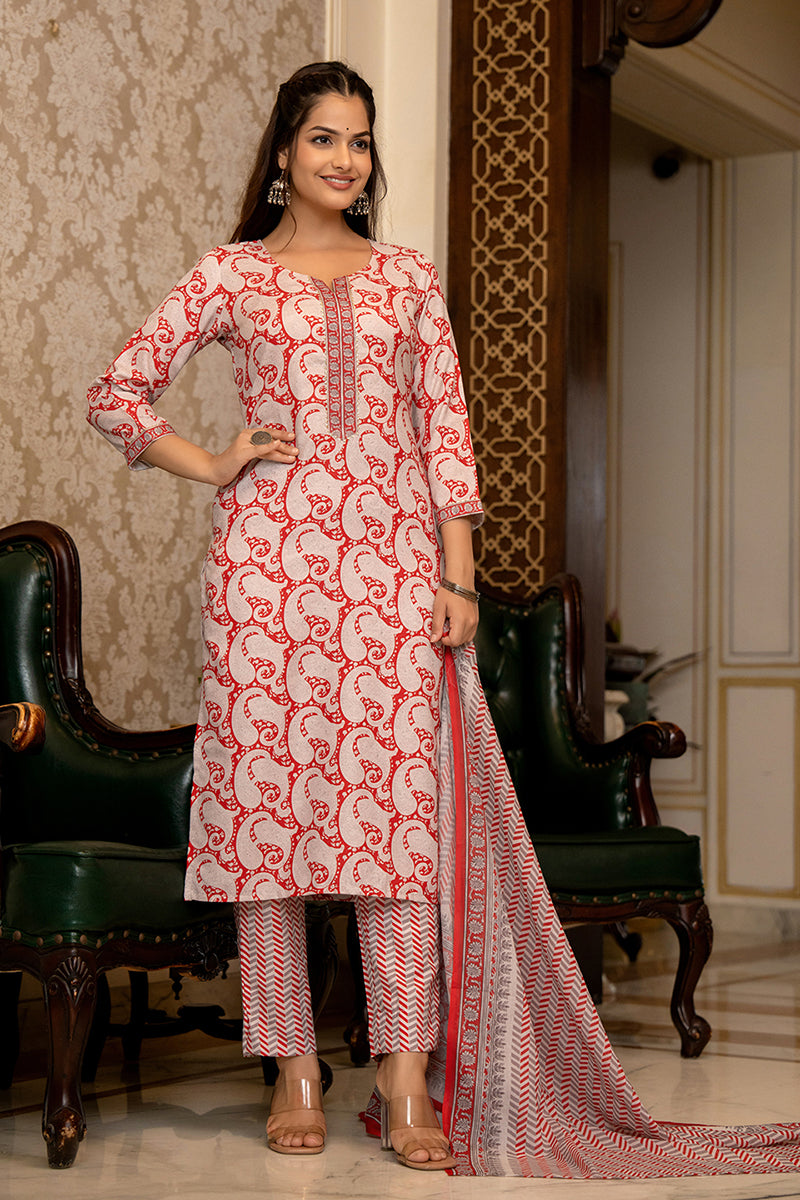 Red Rayon Blend Paisley Printed Straight Suit Set With Trouser Bottom VKSKD2263