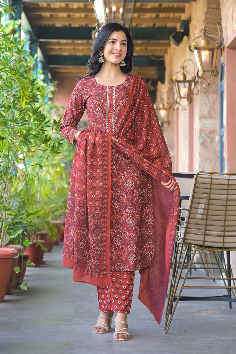 Red Cotton Blend Floral Printed Straight Suit Set With Trouser Style Bottom VKSKD2270