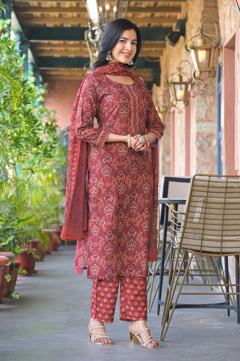 Red Cotton Blend Floral Printed Straight Suit Set With Trouser Style Bottom VKSKD2270