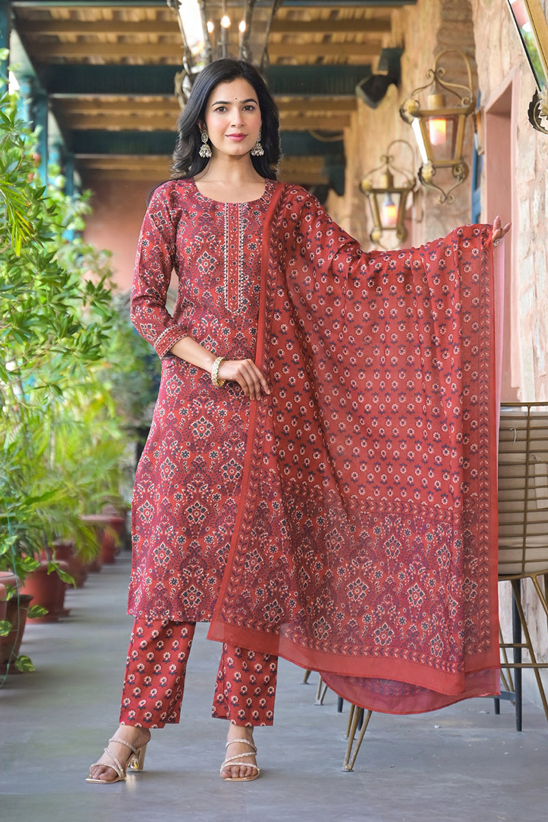 Red Cotton Blend Floral Printed Straight Suit Set With Trouser Style Bottom VKSKD2270