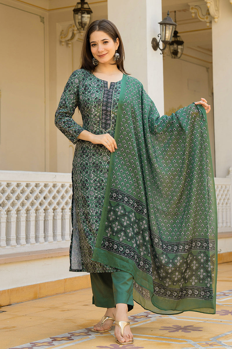 Green Rayon Blend Ethnic Motifs Printed Straight Suit Set With Trouser Bottom VKSKD2281