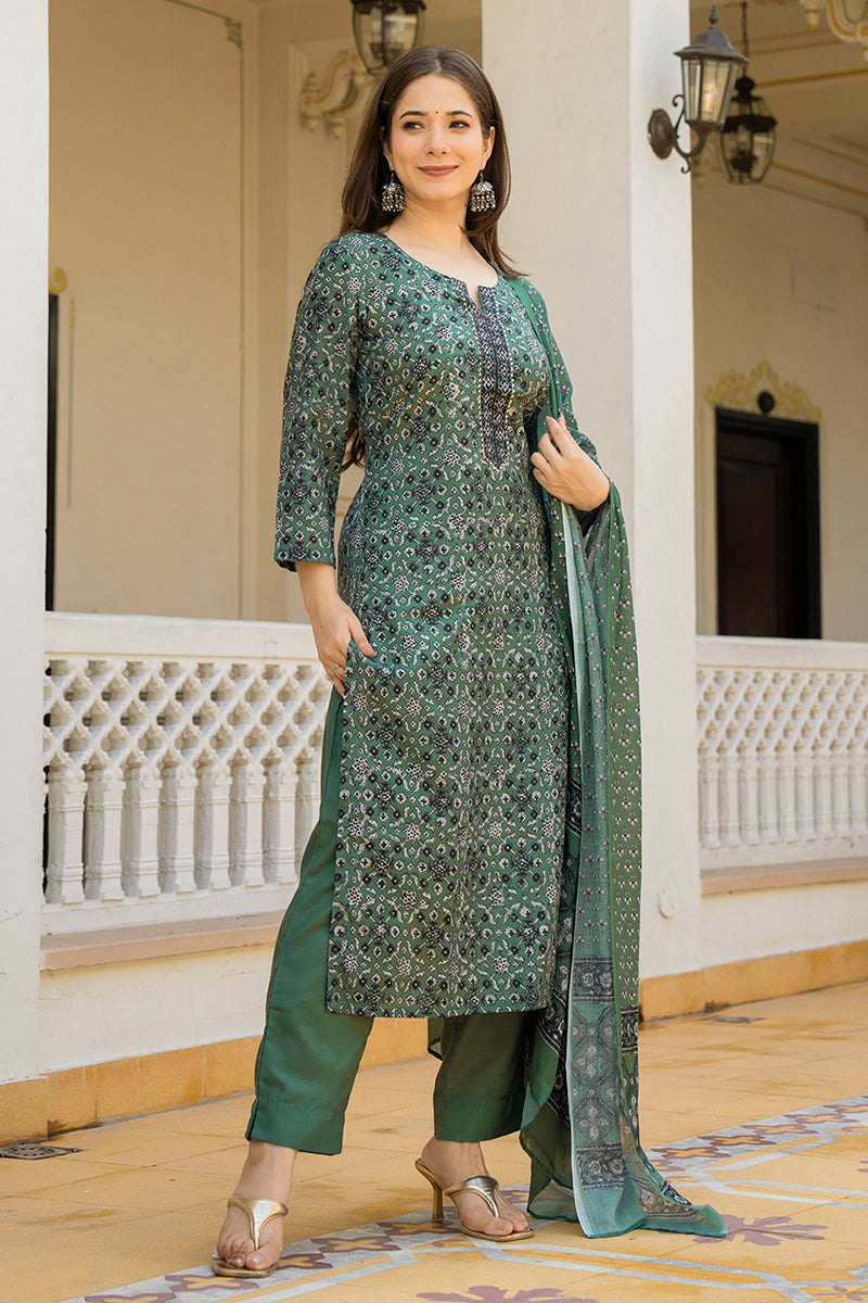 Green Rayon Blend Ethnic Motifs Printed Straight Suit Set With Trouser Bottom VKSKD2281