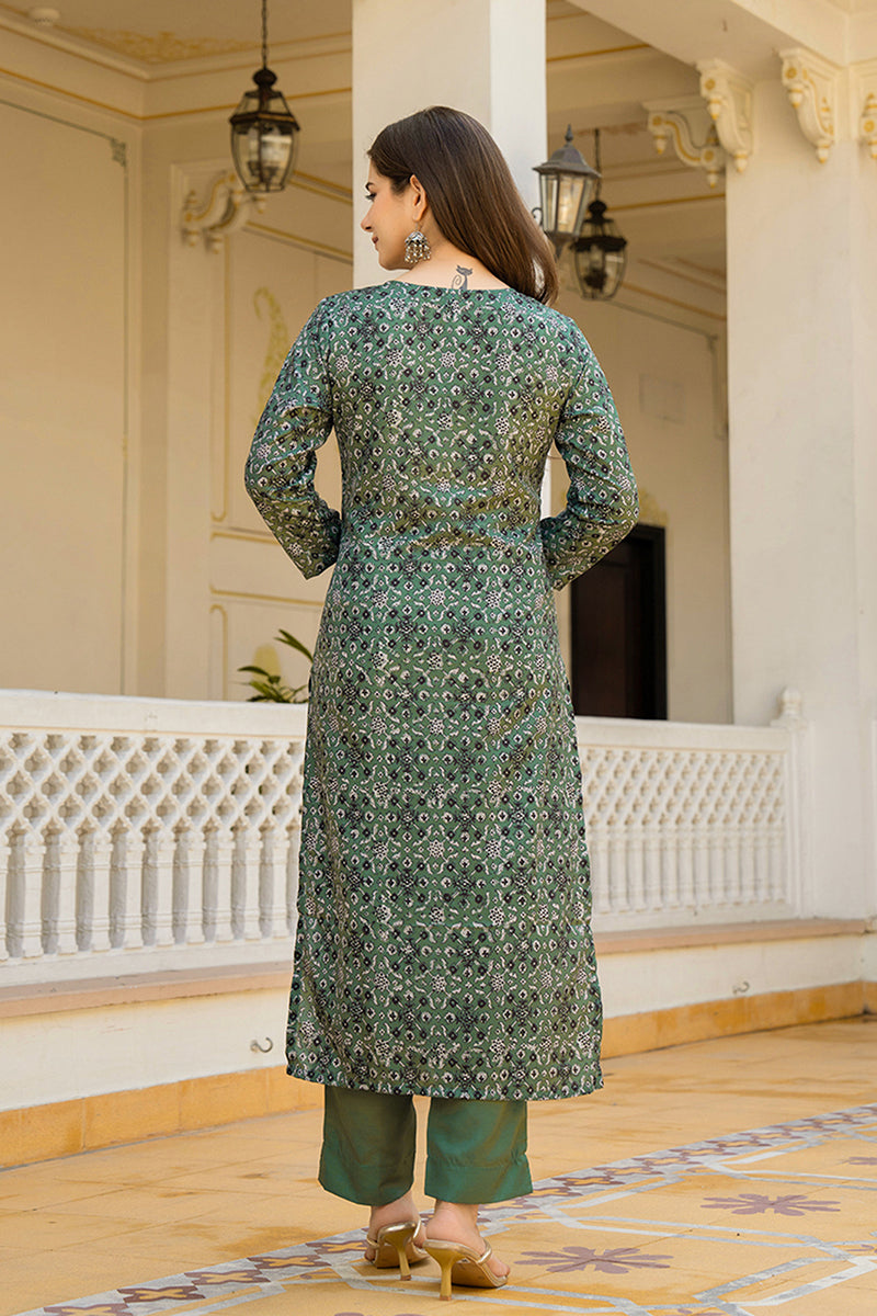 Green Rayon Blend Ethnic Motifs Printed Straight Suit Set With Trouser Bottom VKSKD2281