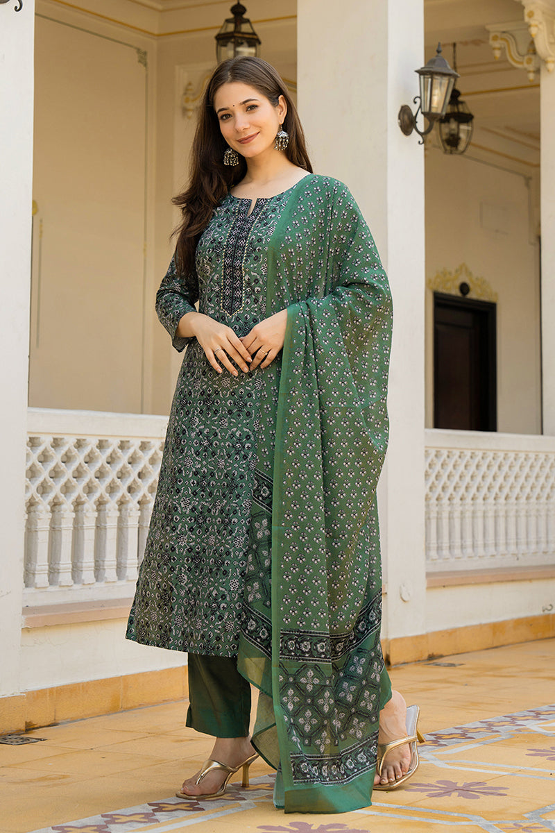 Green Rayon Blend Ethnic Motifs Printed Straight Suit Set With Trouser Bottom VKSKD2281