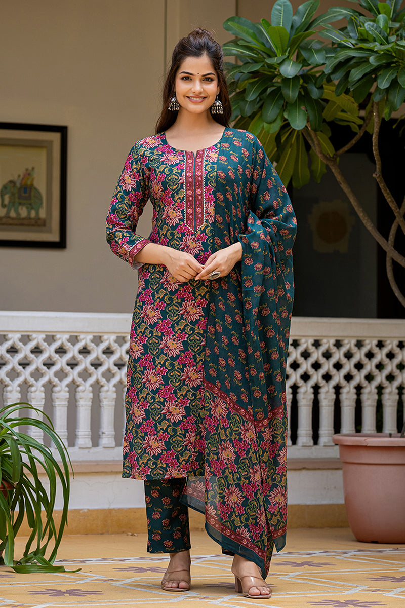 Green Rayon Blend Floral Printed Straight Suit Set With Trouser Bottom VKSKD2283