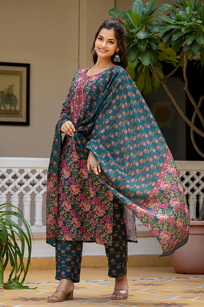 Green Rayon Blend Floral Printed Straight Suit Set With Trouser Bottom VKSKD2283