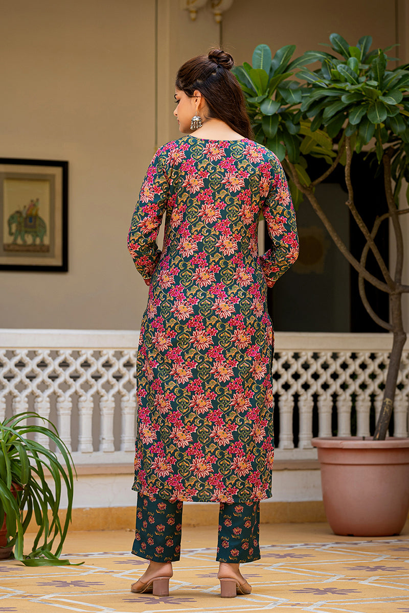 Green Rayon Blend Floral Printed Straight Suit Set With Trouser Bottom VKSKD2283