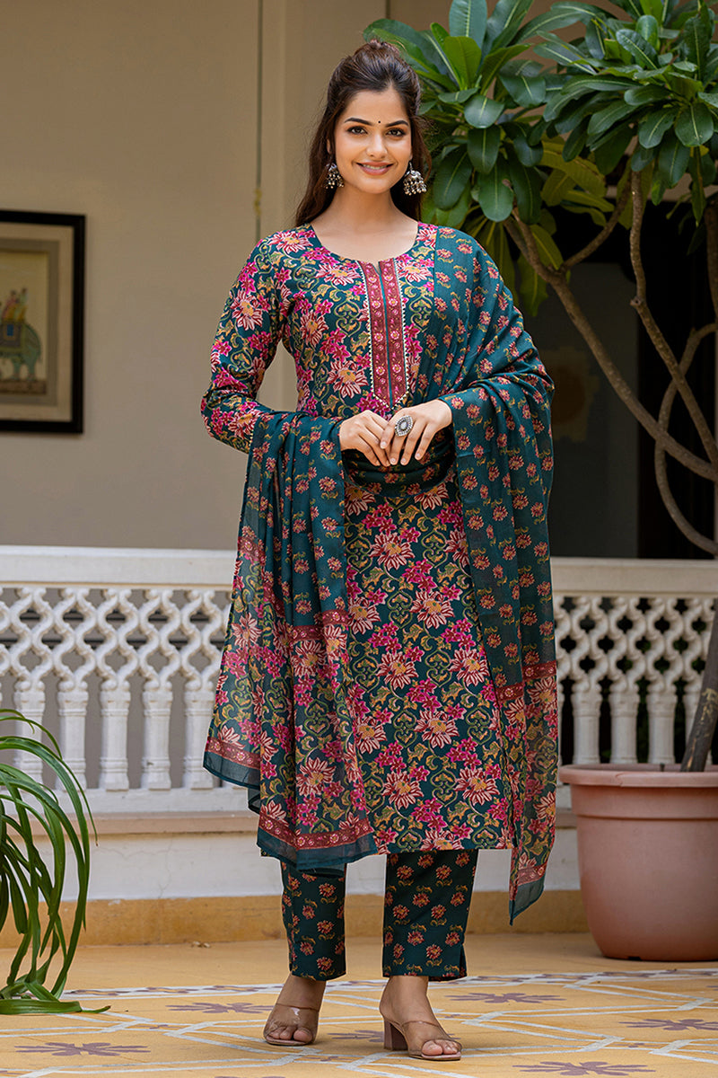 Green Rayon Blend Floral Printed Straight Suit Set With Trouser Bottom VKSKD2283