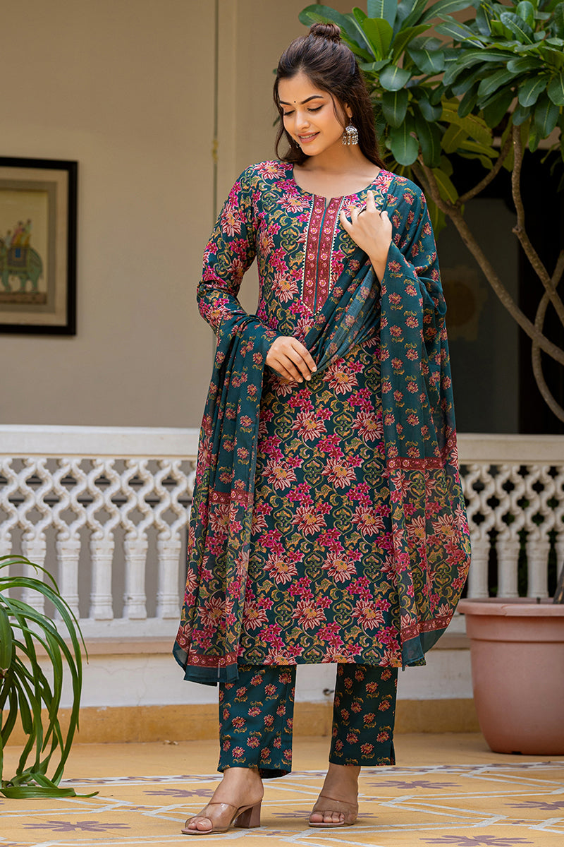 Green Rayon Blend Floral Printed Straight Suit Set With Trouser Bottom VKSKD2283