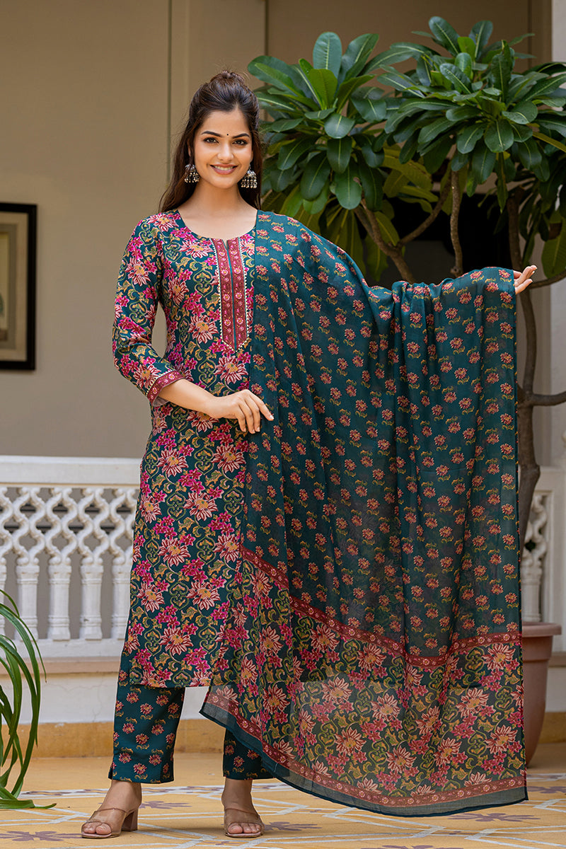 Green Rayon Blend Floral Printed Straight Suit Set With Trouser Bottom VKSKD2283