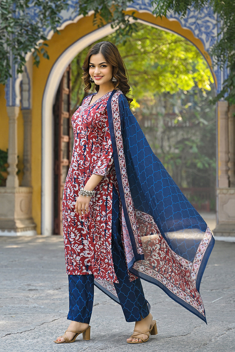 Maroon Rayon Blend Ethnic Motifs Printed Straight Suit Set VKSKD2285