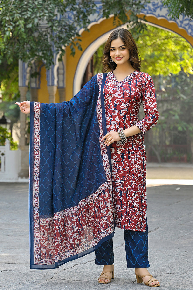 Maroon Rayon Blend Ethnic Motifs Printed Straight Suit Set VKSKD2285