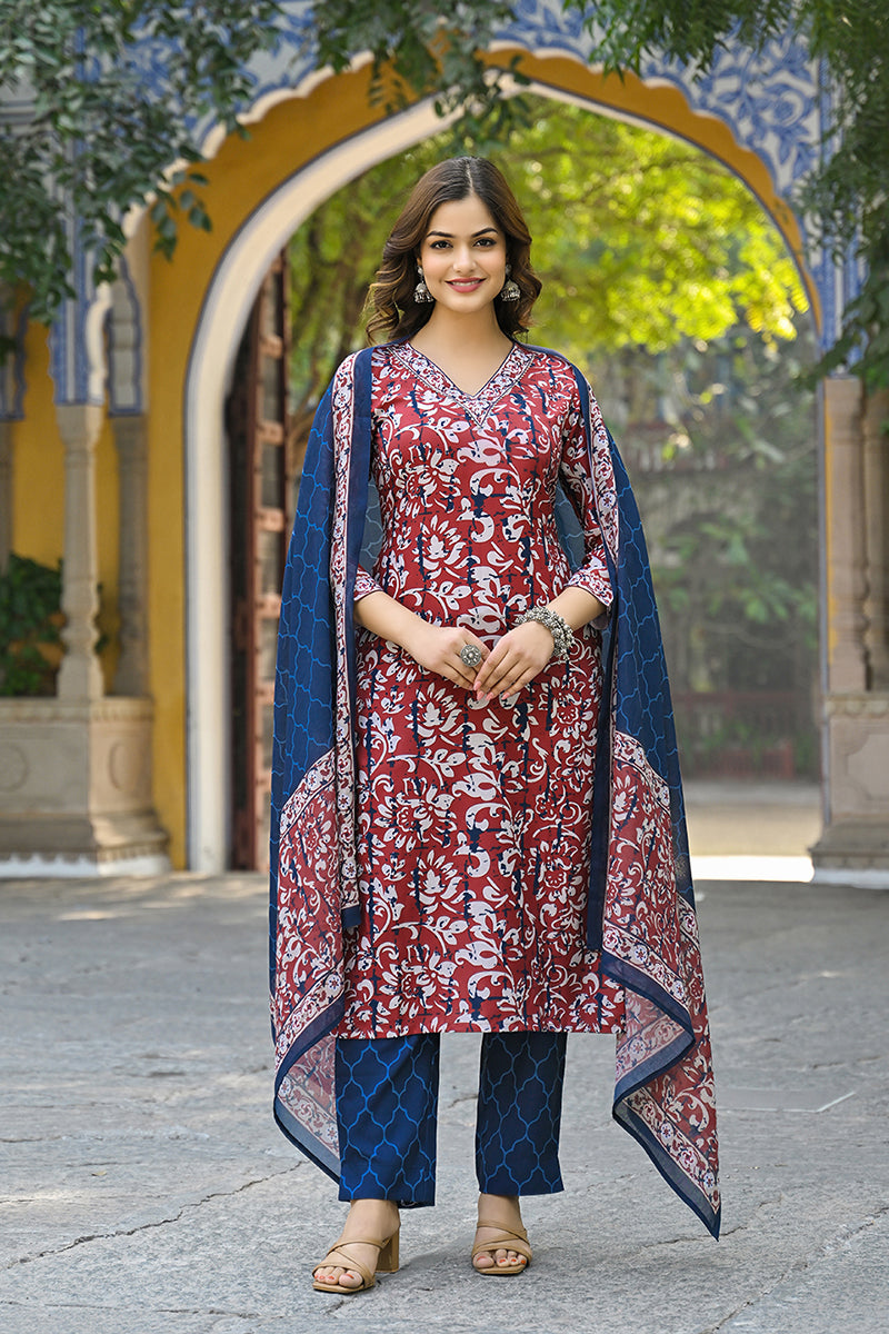 Maroon Rayon Blend Ethnic Motifs Printed Straight Suit Set VKSKD2285