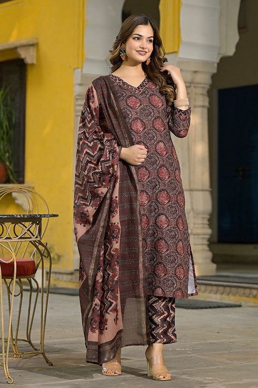 Brown Rayon Blend Floral Printed Straight Suit Set VKSKD2290