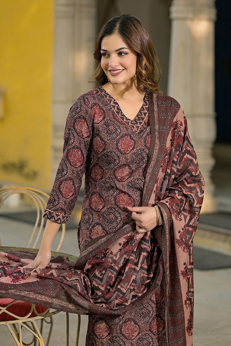 Brown Rayon Blend Floral Printed Straight Suit Set VKSKD2290