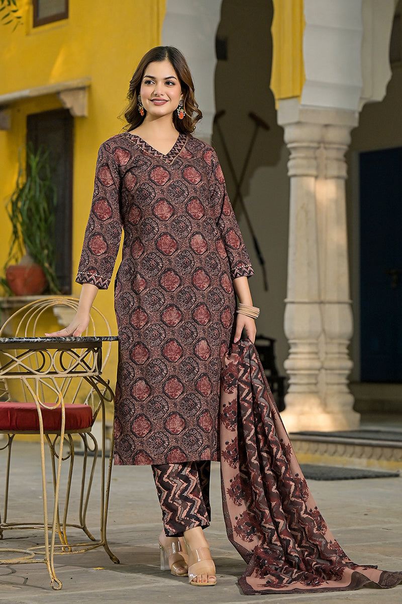 Brown Rayon Blend Floral Printed Straight Suit Set VKSKD2290
