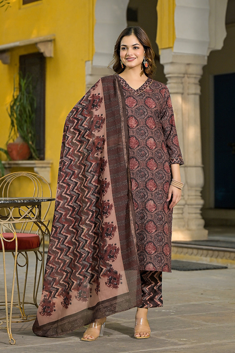 Brown Rayon Blend Floral Printed Straight Suit Set VKSKD2290
