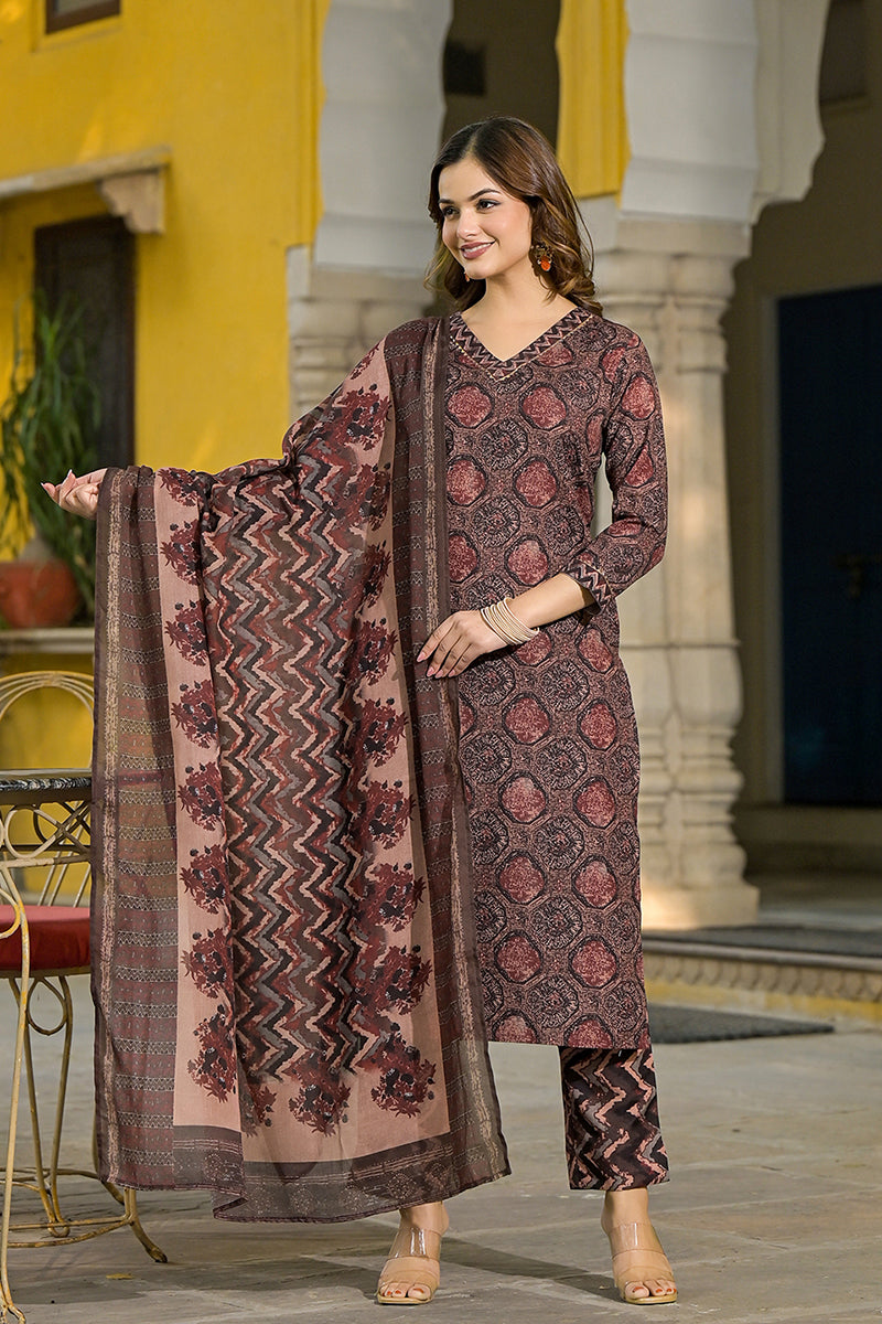 Brown Rayon Blend Floral Printed Straight Suit Set VKSKD2290