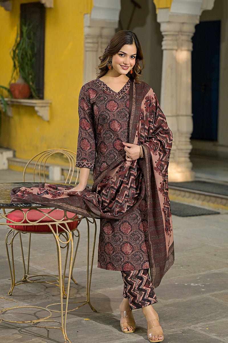 Brown Rayon Blend Floral Printed Straight Suit Set VKSKD2290