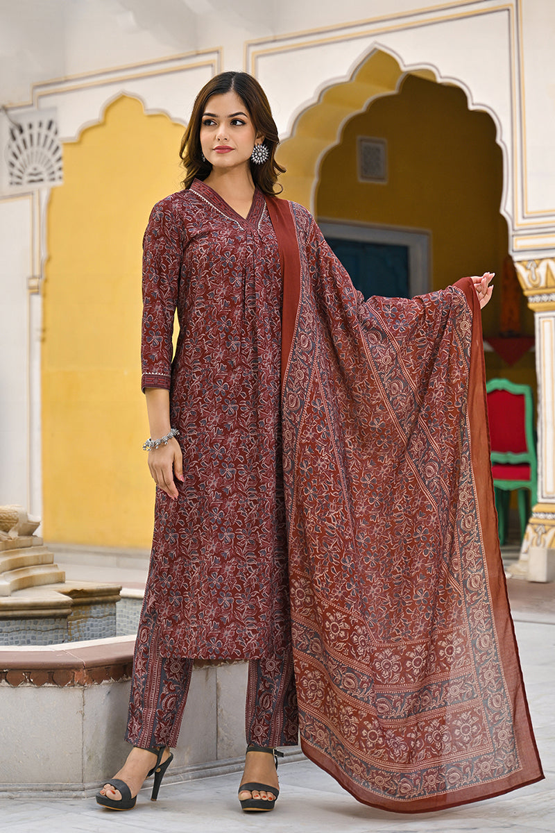 Maroon Rayon Blend Floral Printed Straight Suit Set VKSKD2291